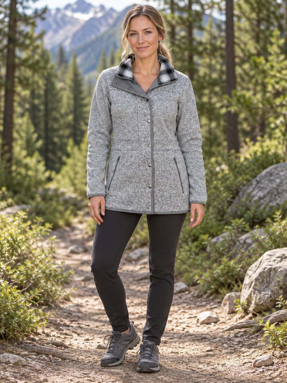 Eddie Bauer Radiator Fleece Field Jacket Gray Plaid Women’s M Zip Snap